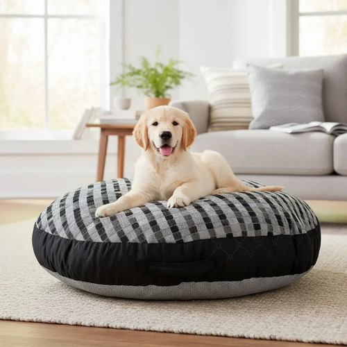 Cama Anti-Estres Lavable Mascota Dona Unicolor Gris Cuadros Negro
