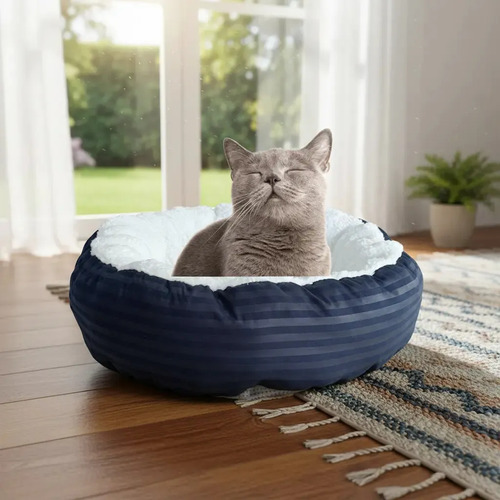 Cama Anti-Estres Lavable Mascota Tiny Redonda Diametro 0,60 cm x x 0,25 Unicolor Azul Oscuro Líneas