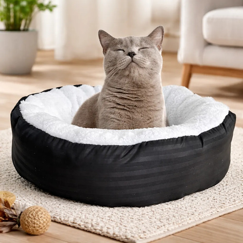 Cama Anti-Estres Lavable Mascota Tiny Redonda Diametro 0,60 cm x  x 0,25 Unicolor Negro Líneas – – M